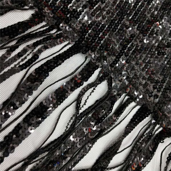 Embroidered black sequin tulle fabric - Image 3