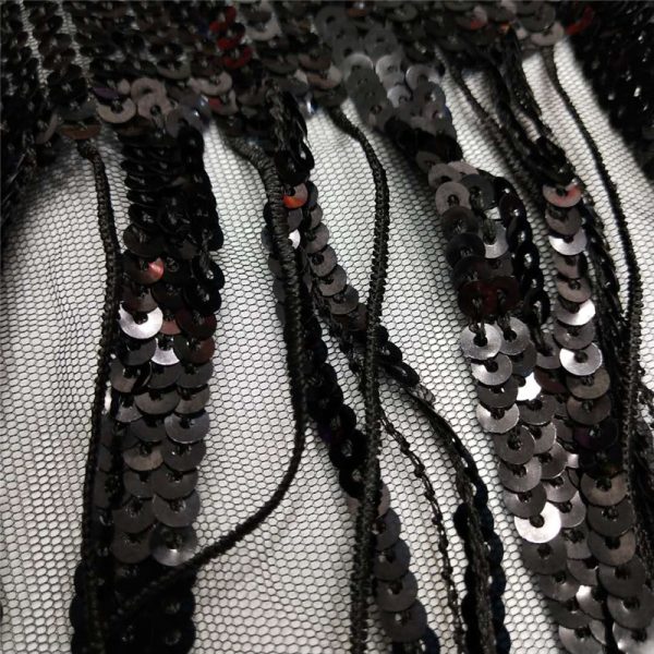 Embroidered black sequin tulle fabric - Image 4