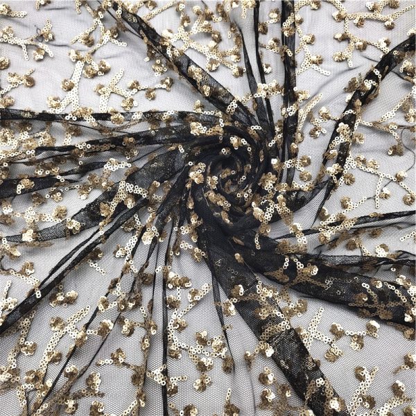 Mesh embroidered gold sequin fabric for sale - Image 4