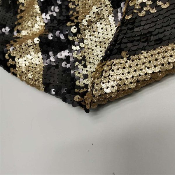 Matte black and gold sequin lace fabric - Image 5