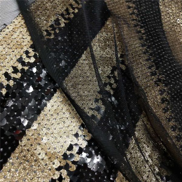 Matte black and gold sequin lace fabric - Image 6