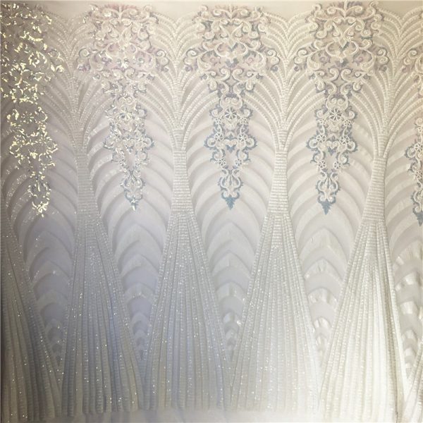 Peach embroidered sequin lace fabric - Image 5